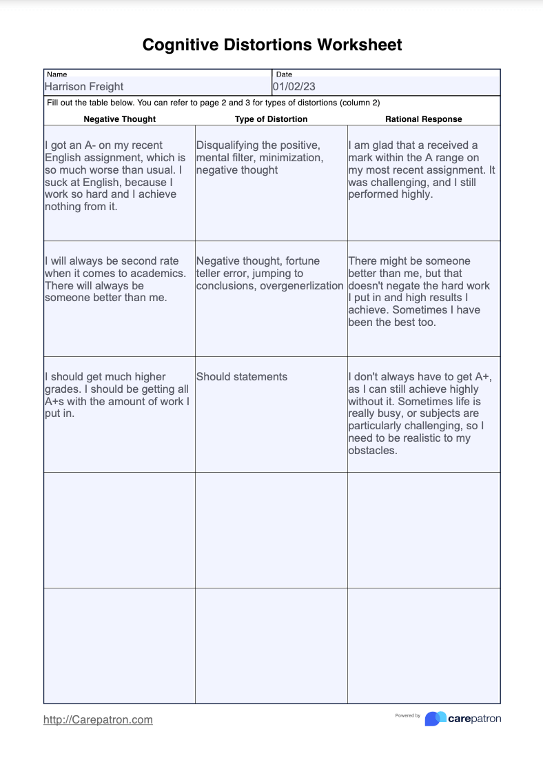 Cognitive Distortions Worksheet & Example Free PDF Download